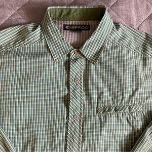 ExOfficio Long Sleeve Snap Front Shirt Mens XL Green Plaid Vented Hiking Travel